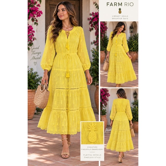 FARM Rio Dresses & Skirts - Farm Rio Yellow Pineapple Embroidered Tiered Maxi Dress Large Boho Tropical
